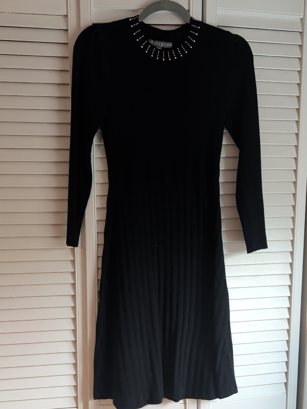 Sharagano Black Long-Sleeve Knit Dress with Rhinestone Neck